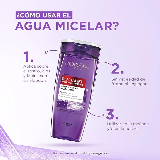 Agua Micelar L'Oréal Revitalift con Ácido Hialurónico – 400 ml
